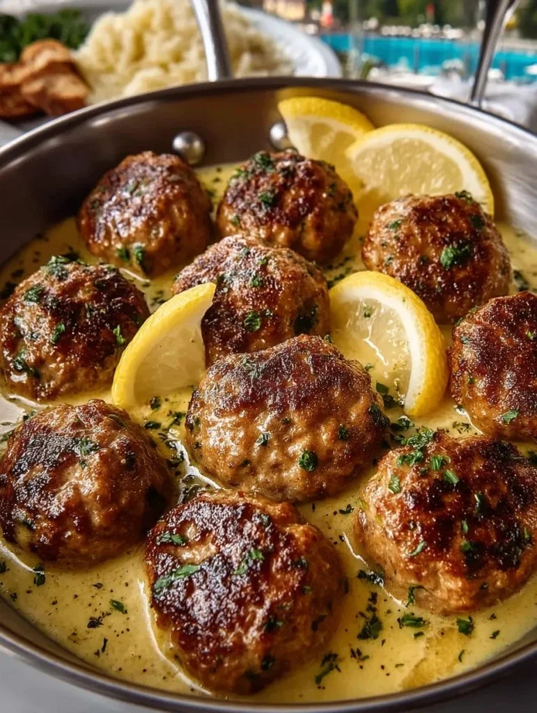 Soft and juicy Greek meatballs in lemon sauce served on a plate